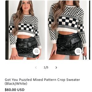 NanaMacs Black and White Mixed Pattern Crop Sweater